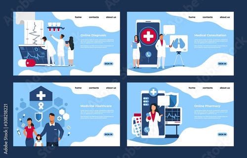 Pharmacy landing page. Medical web site mockups with cartoon people characters, online pharmacy and store concept. Vector illustration set IT medicine website for consultant about health