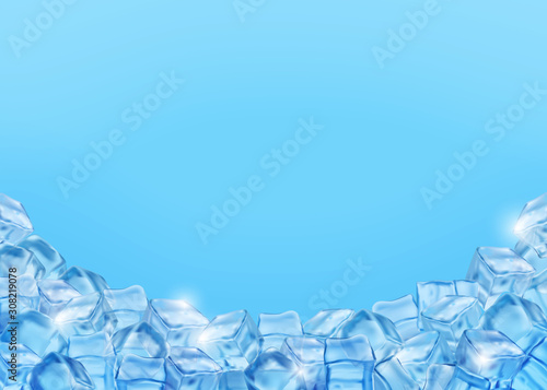 Ice cubes on blue background, realistic 3d Ice blocks horizontal vector illustration
