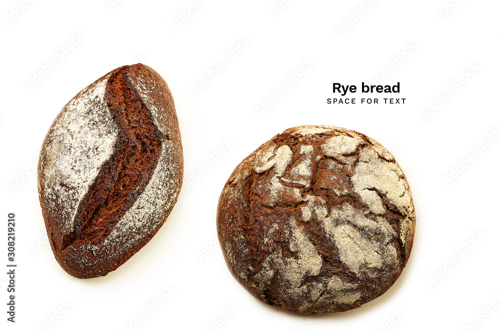 Rye bread. Overhead image with bread loaves isolated on white background. Copy space Rye bread. Overhead image with bread loaves isolated on white background. Copy space