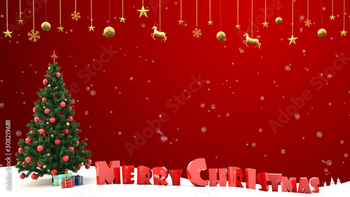 The red postcard merry christmas text stand on snow land near christmas tree and gift box that above is ball,raindeer,and snow hang in the upper with snow fall and red background by 3d rendering. © FullFrames
