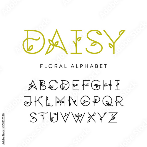 Vector Floral thin line uppercase alphabet decorated with leaves. For logo design, feminine branding