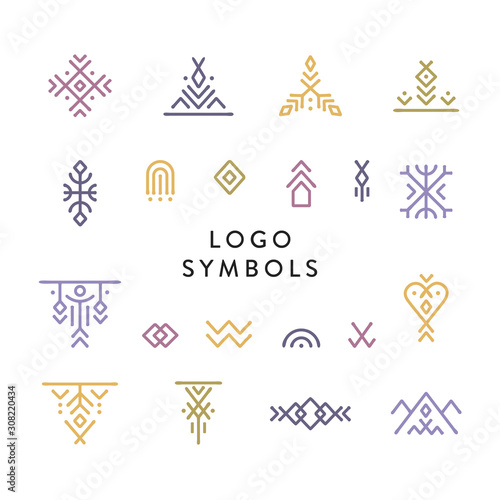 Vector set of line art symbols for logo design in boho and hipster style. photo