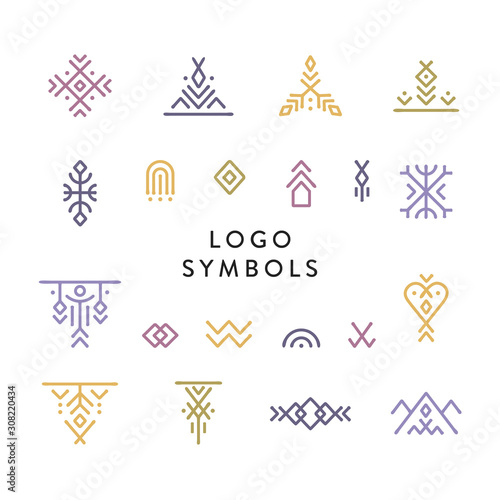 Vector set of line art symbols for logo design in boho and hipster style.