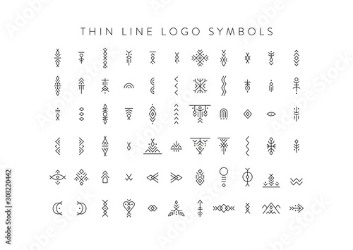 Vector set of line art symbols for logo design and lettering in boho and hipster style.