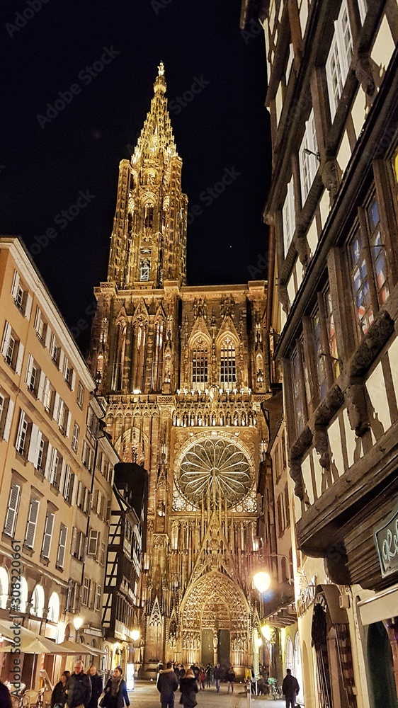 Straßburg Münster Church at night with bright lights
