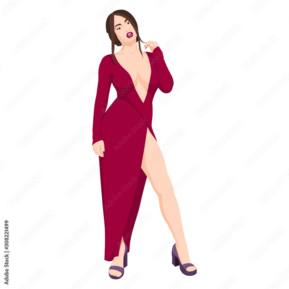 Sexy beautiful girl in red dress with gorgeous fitness body shape on high heels, standing in erotic pose, showing her big tasty leg and breasts. Sexy beautiful girl in red dress with gorgeous fitness body shape on high heels, standing in erotic pose, showing her big tasty leg and breasts.