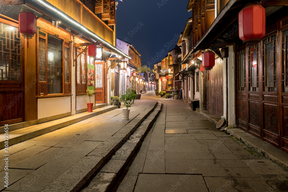 At night, the streets of Zhouzhuang Ancient Town, Suzhou, China
