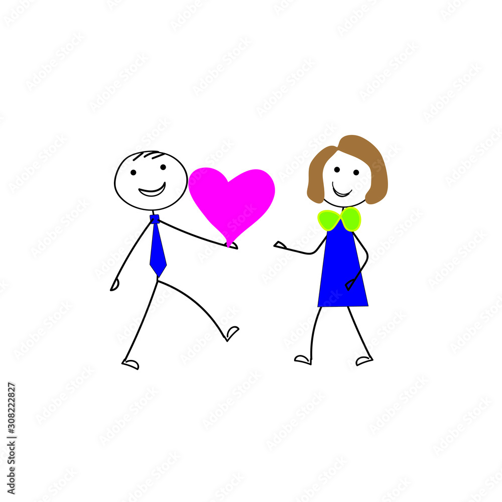 Figurines man and woman happy with a red heart, stick people in love goes to meet each other, Valentine's Day Figurines man and woman happy with a red heart, stick people in love goes to meet each other, Valentine's Day
