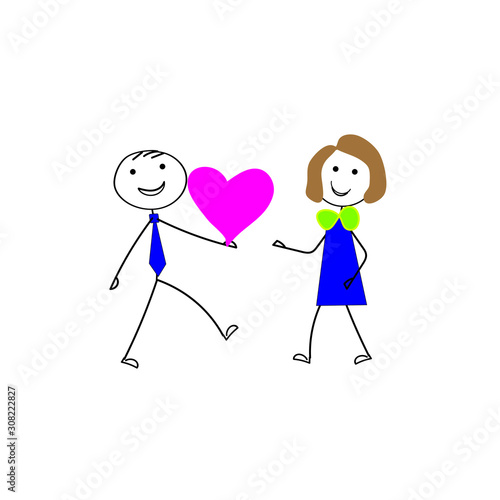 Figurines man and woman happy with a red heart, stick people in love goes to meet each other, Valentine's Day 
