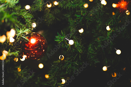 Christmas tree decorated with bulbs, beautiful.