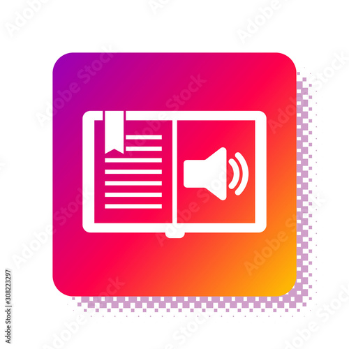 White Audio book icon isolated on white background. Audio guide sign. Online learning concept. Square color button. Vector Illustration