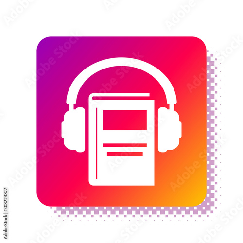 White Audio book icon isolated on white background. Book with headphones. Audio guide sign. Online learning concept. Square color button. Vector Illustration