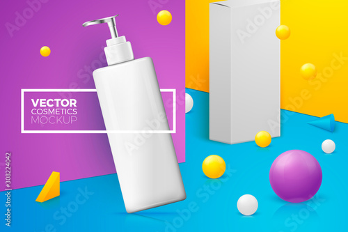 Vector scene with text, shampoo bottle and box