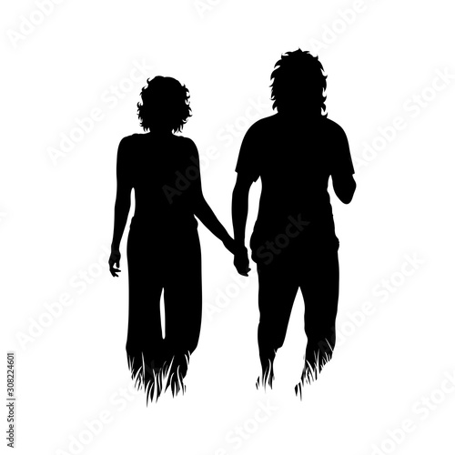Vector silhouette of couple walking in the grass on white background. Symbol of girl, boy, wife, husband, walk, sport, people, nature, park.