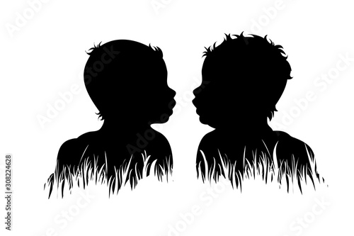 Vector silhouette of toddler in the grass on white background. Symbol of girl, boy, son, baby, daughter, infant, childhood, nature, park, garden.