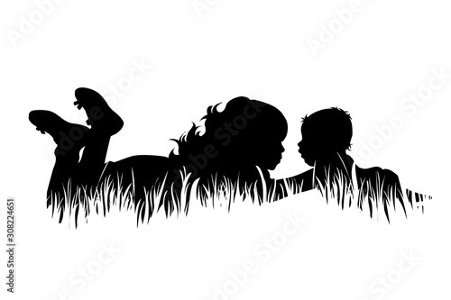 Vector silhouette of siblings in the grass on white background. Symbol of girl, boy, sister, brother, baby,family, infant, childhood, nature, park, garden.