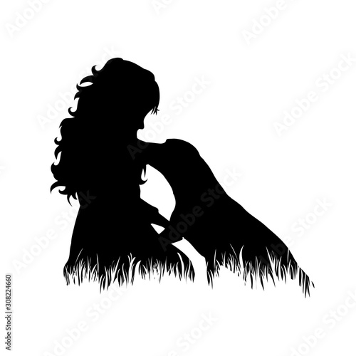 Vector silhouette of child with dog in the grass on white background. Symbol of girl, play, game, pet, animal, friends, infant, childhood, nature, park, garden.