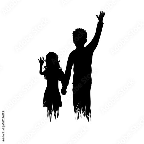 Vector silhouette of siblings in the grass on white background. Symbol of girl, boy, sister, brother, family, friends, infant, childhood, nature, park, garden.