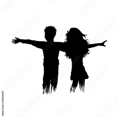 Vector silhouette of siblings in the grass on white background. Symbol of girl, boy, sister, brother, family, friends, infant, childhood, nature, park, garden.