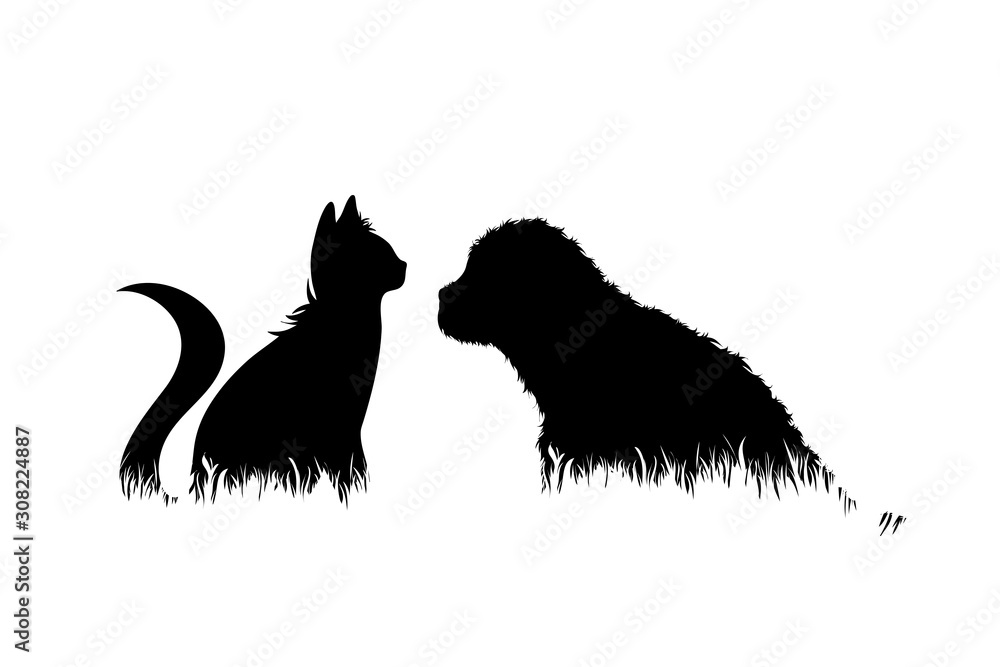 Vector silhouette of dog and cat in the grass on white background. Symbol of animal, pet, kitty, friends, nature, park, garden.