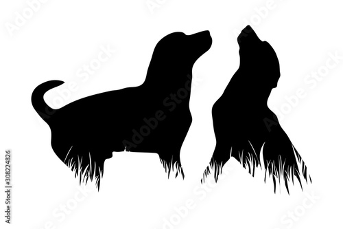 Vector silhouette of dogs in the grass on white background. Symbol of animal, pet, friends, nature, park, garden.