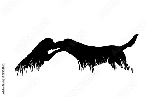 Vector silhouette of dogs in the grass on white background. Symbol of animal, pet, friends, nature, park, garden.