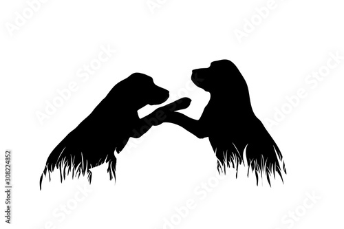 Vector silhouette of dogs in the grass on white background. Symbol of animal, pet, friends, nature, park, garden.
