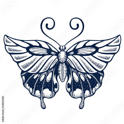 Butterfly tattoo on body. Graphics for T-shirt