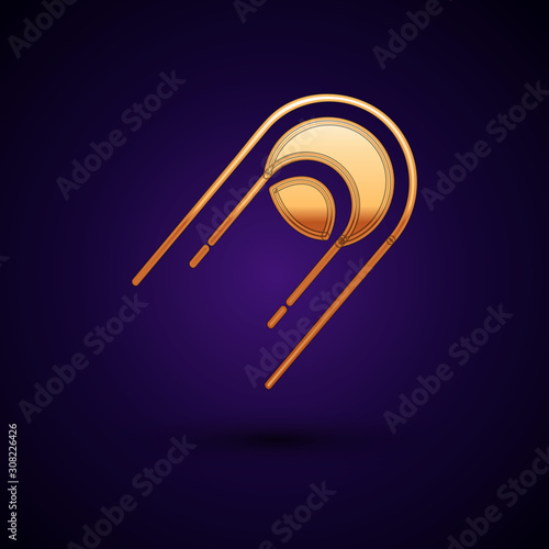 Gold Satellite icon isolated on dark blue background. Vector Illustration