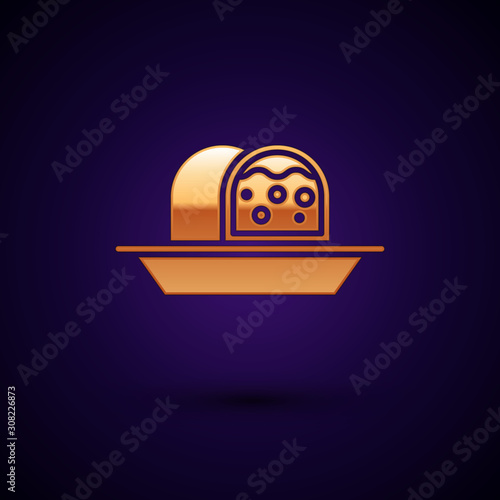 Gold Marzipan sponge cake icon isolated on dark blue background. Merry Christmas and Happy New Year. Vector Illustration