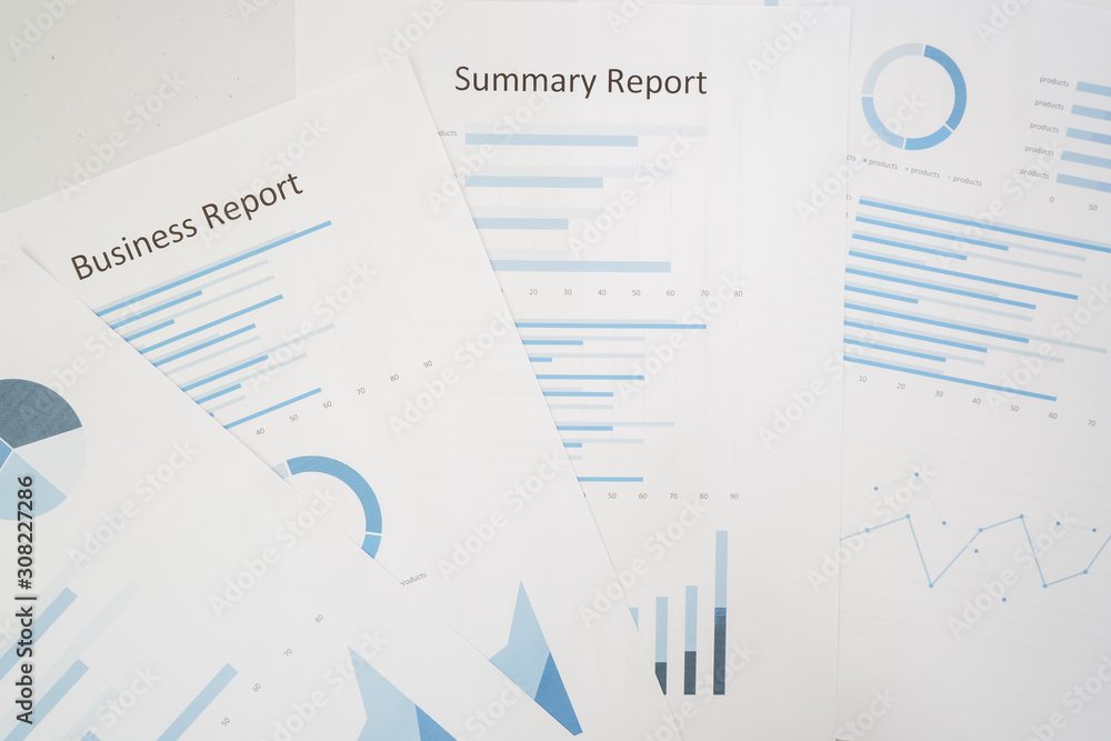 Business document report data with bar charts, pie charts, line graphs, on paper. Research data for market analysis and corporate financial planning.
