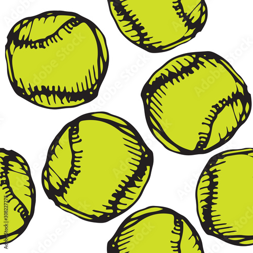 Vector pattern illustration cartoon style of tennis ball drawn in green and black ink