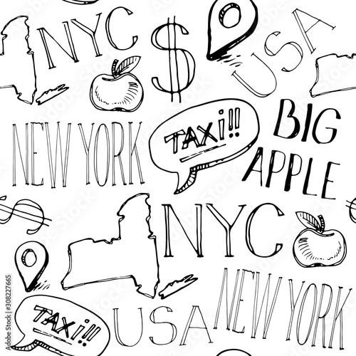 New York, United states of America pattern set of sketch doodle travel symbols of city such as big apple, taxi, dollar, NYC lettering etc.