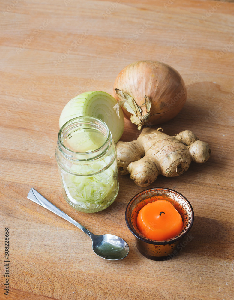 Homemade onion syrup with ginger on wooden background - obrazy, fototapety, plakaty 