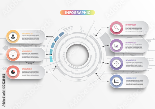 Vector infographic template with 3D paper label, integrated circles. Business concept with 7 options. For content, diagram, flowchart, steps, parts, timeline infographics, workflow, chart.