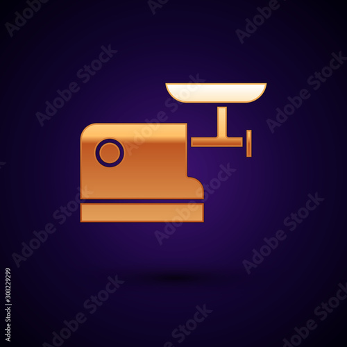 Gold Kitchen meat grinder icon isolated on dark blue background. Vector Illustration