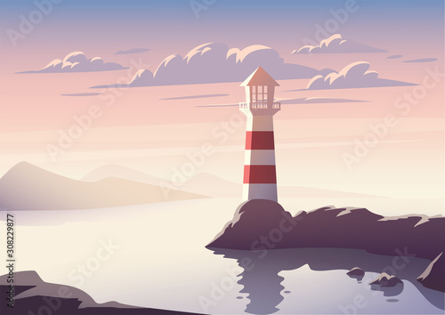 Vector landscape with lighthouse illustration. Sunset at sea.