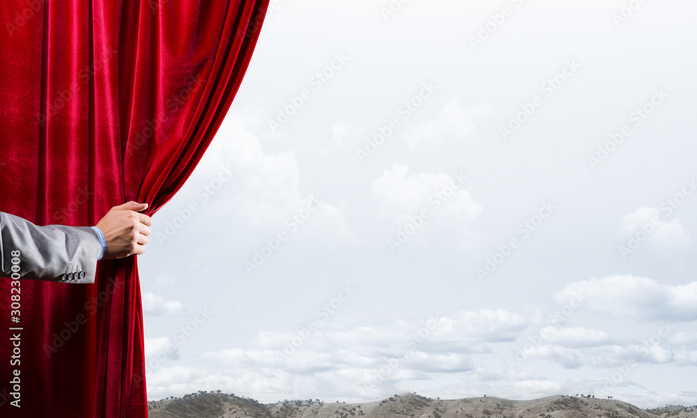 Summer natural bluesky view behind red velvet curtain