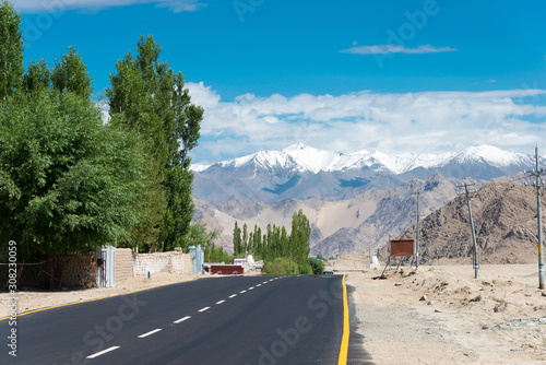 Ladakh, India - Jul 07 2019 - Leh-Manali Highway at Stakna Village in Ladakh, Jammu and Kashmir, India. The Leh-Manali Highway is a 490km long highway in northernmost India connecting Leh and Manali. photo