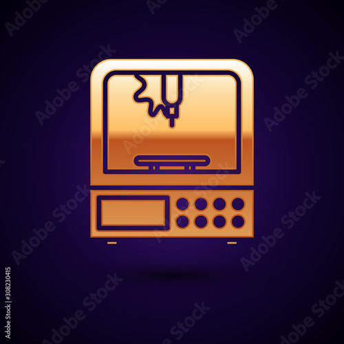 Gold 3D printer icon isolated on dark blue background. Vector Illustration