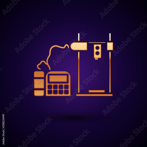 Gold 3D printer icon isolated on dark blue background. Vector Illustration