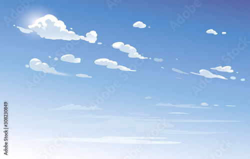 Vector blue sky clouds. Anime clean style. Background design