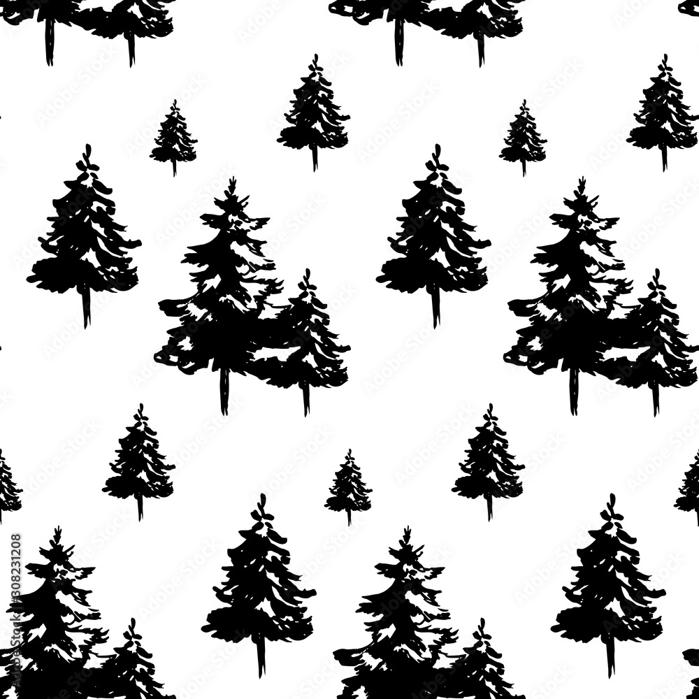 Obraz premium Christmas and New Year seamless pattern with hand drawn Christmas trees isolated on white. Vector illustration