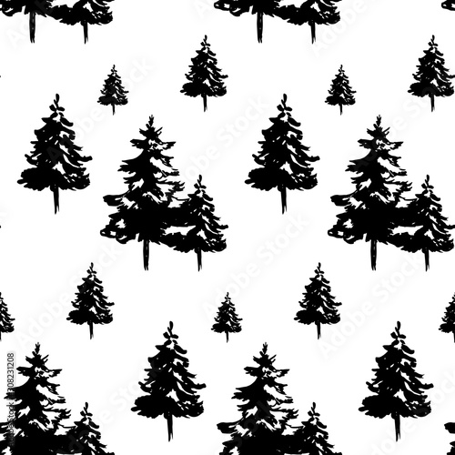 Christmas and New Year seamless pattern with hand drawn Christmas trees isolated on white. Vector illustration