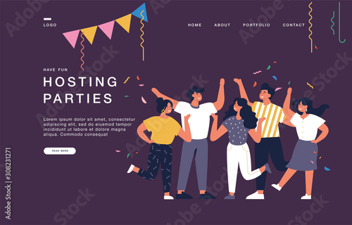 Landing page template for websites with young people having great time. Hosting parties concept banner illustration.