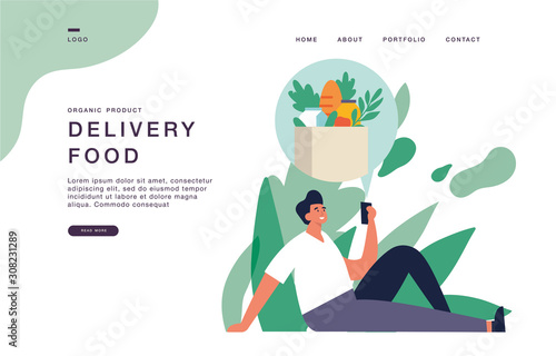 Landing page template for websites with young man buying online food. Delivery food concept banner illustration.