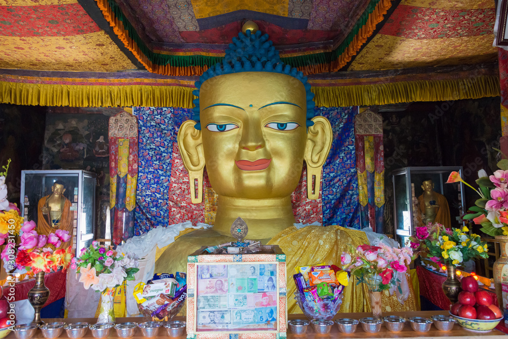 Ladakh, India - Jul 06 2019 - Buddha Statue at Shey Monastery (Shey Palace) in Ladakh, Jammu and Kashmir, India.