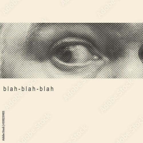 Square cover design with halftone male eye and place for your text. Vector Illustration.