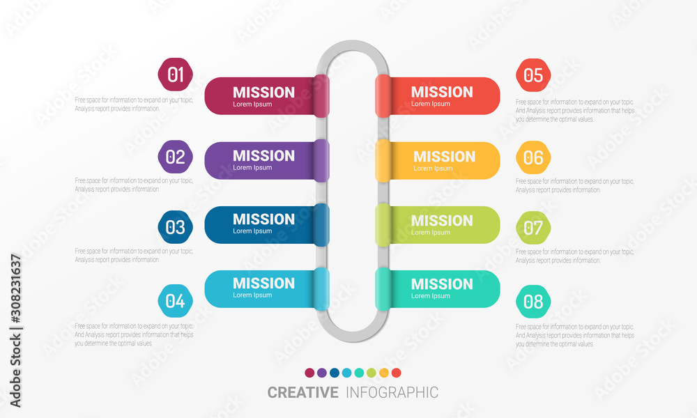 Infographic design template with numbers 8 option for Presentation infographic, Timeline infographics, steps or processes. Vector illustration. Infographic design template with numbers 8 option for Presentation infographic, Timeline infographics, steps or processes. Vector illustration.