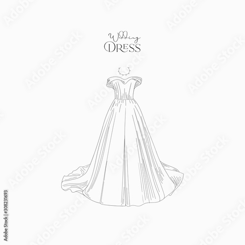 Hand Drawn Wedding dress doodle for Wedding invitations or announcements. Vector Illustration